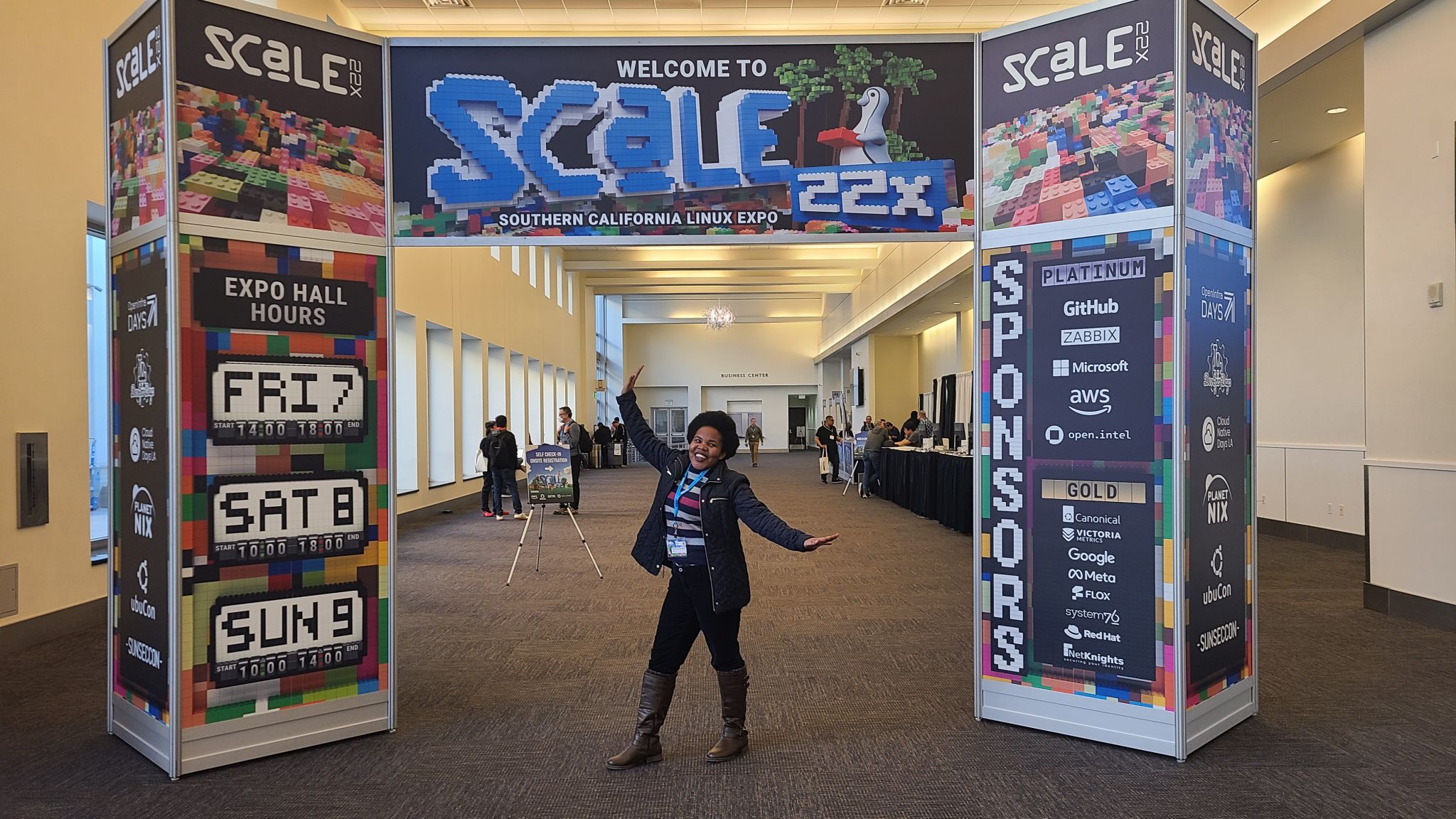 Maria attending SCaLE 22x, the Southern California Linux Expo, engaging with the open-source and free software community.